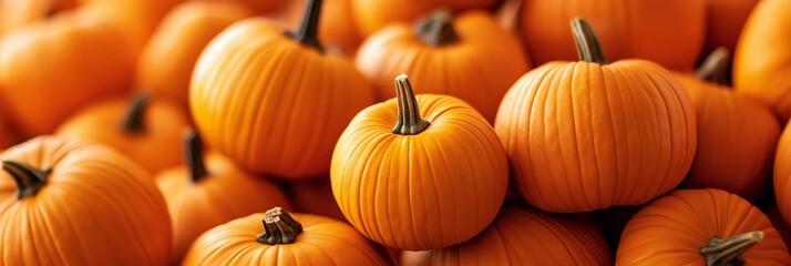 A close-up of a large number of pumpkins arranged together, focusing on autumn themes and orange hues, with copyspace