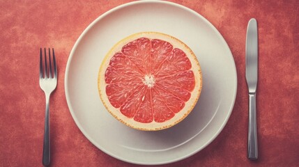 A Slice of Grapefruit on a Plate with Fork and Knife