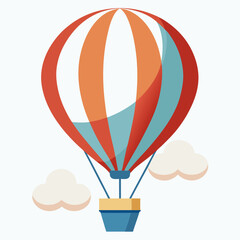 Fototapeta premium Cartoon hot air balloon with orange, red, and blue stripes, and clouds