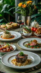 Luxurious Table Setting with Assorted Gourmet Dishes on Elegant White Plates in a High-End Restaurant