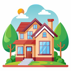 Naklejka premium Two-Story House with Red Roof and Green Trees