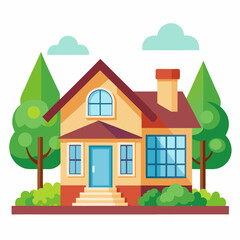 Cartoon Illustration of a Two-Story House with a Yard