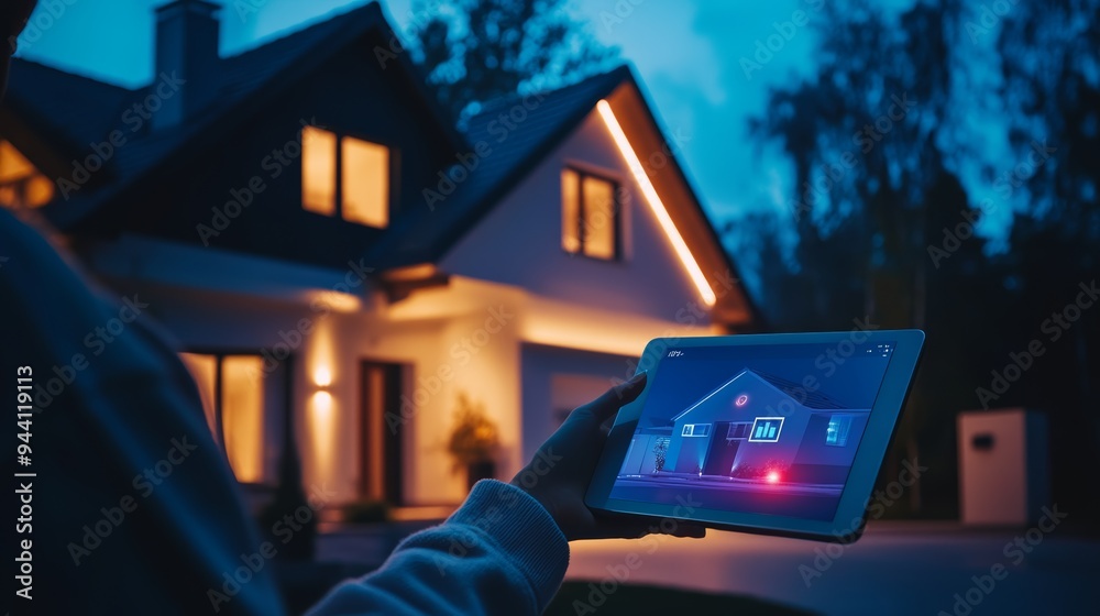 Poster smart home security system controlled remotely through a tablet at night. technology ensuring home s