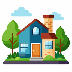 Fototapeta premium Cartoon illustration of a blue house with a chimney, windows, a door, a porch, trees, and a cloud.