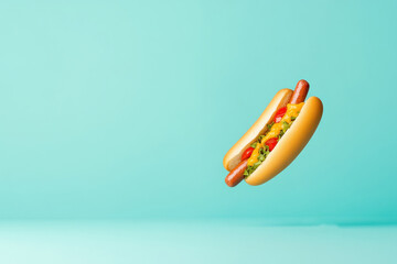 A delicious hot dog with vibrant toppings floating against a bright turquoise background, perfect for food-themed designs.