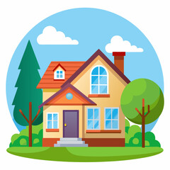 Cartoon illustration of a two-story house with a green lawn, trees, and a blue sky