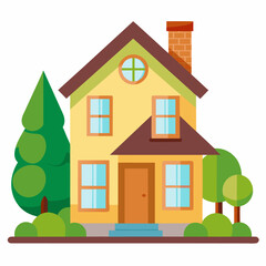 Two-Story Yellow House with Brown Roof, Chimney, and Green Trees