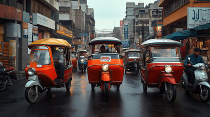 Busy urban street scene with bright orange auto rickshaws and motorcycles navigating through traffic on a wet road, surrounded by buildings and shops.