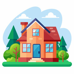 Two-story house with red roof and blue door in a green yard with trees