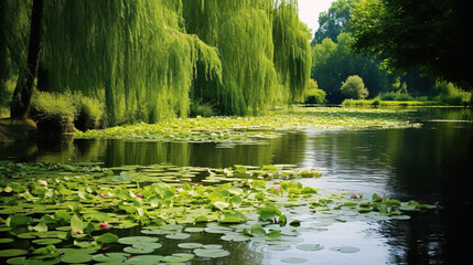 Serene Water Lily Pond with Weeping Willow Tree