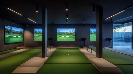 Modern indoor golf simulator setup with large screens
