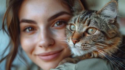 happy young brown eyed girl hugging cute cat