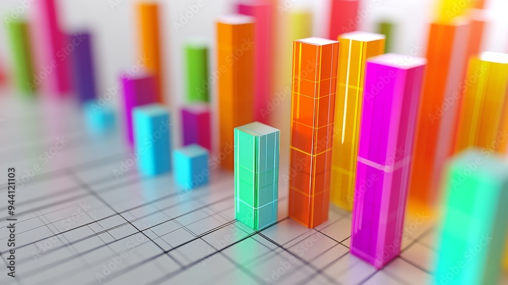 Poster A 3D bar graph displaying financial data with vibrant colors and grid lines, set against a clean white background, highlighting the dynamic representation of financial trends.