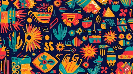 A colorful background featuring vibrant Latin American patterns and symbols, ideal for celebrating Hispanic Heritage Month. 