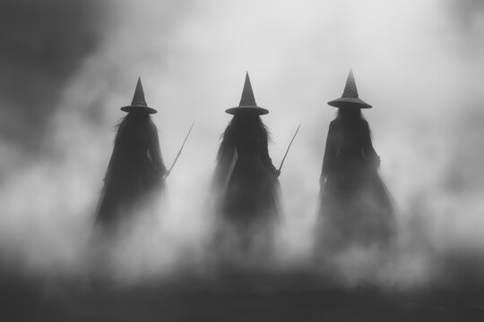 Vintage-style black and white photo of three witches in a traditional black dress ant hat, standing in a foggy forest on Halloween