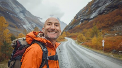 Naklejka premium A man wearing an orange jacket