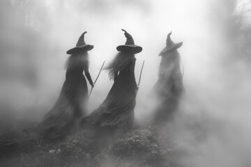 Vintage-style black and white photo of three witches in a traditional black dress ant hat, standing in a foggy forest on Halloween