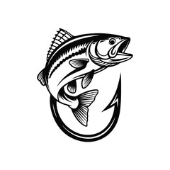 Vector fishing logo design. Very detailed flat black and white logo, with jumping fish, hook and rod