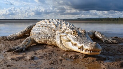 Naklejka premium crocodile basking in the sun on the banks of a river