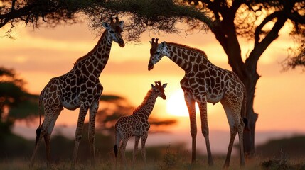 Fototapeta premium family of giraffes grazing on treetops in the African wilderness