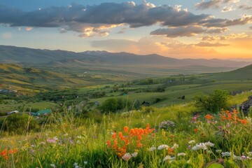 Fototapeta premium Sunset over a Valley Landscape