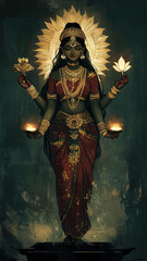 Fototapeta premium Goddess Lakshmi, cartoon style illustration. Hindu Goddess of wealth, good fortune, happiness, youth and beauty. Wife of Vishnu. Goddess of Prosperity. Background for cellphone, smartphone.