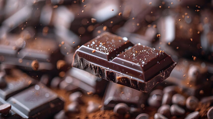 Dark Chocolate Bar With Sea Salt Flying Over Chocolate Chips - Photo