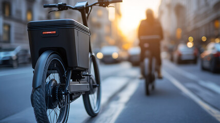 Modern urban scene featuring automated electric delivery bikes navigating a bustling city street during sunset, highlighting sustainable transportation and urban logistics.