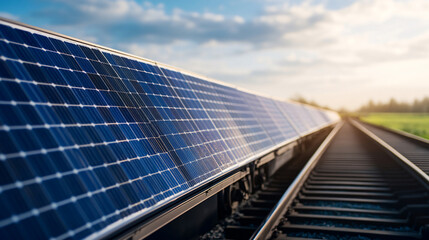 Close-up view of solar panels installed alongside railway tracks, showcasing sustainable energy solutions and technology integration in transportation infrastructure under a bright sky.