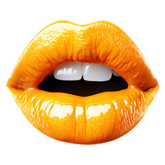 glossy orange lips. The design is vibrant and sleek, highlighting the bold and modern appeal of the lips.