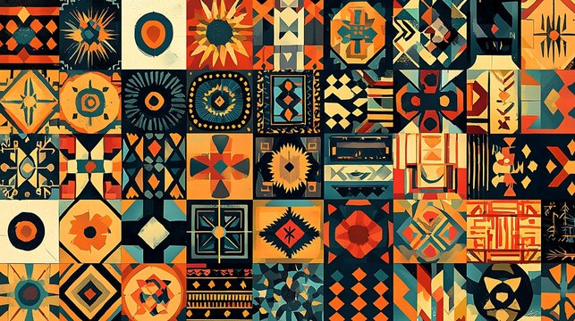 An illustration featuring a collection of traditional Latin American patterns, arranged in a quilt-like layout. 