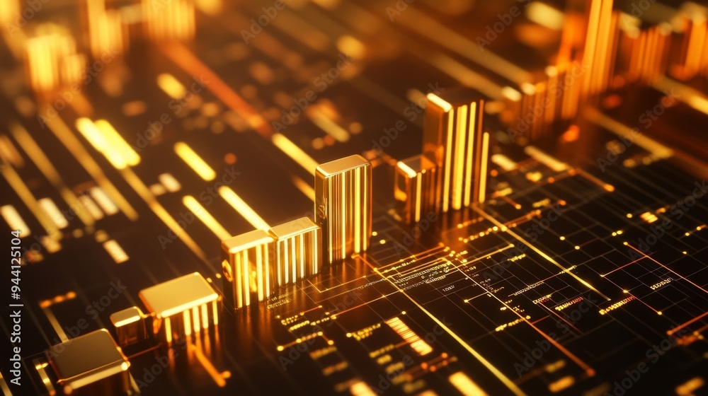 Poster a 3d gold chart showing the fluctuation of gold prices over time, with bars in varying shades of gol