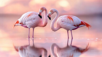 Naklejka premium pair of flamingos standing in a serene lagoon at sunrise