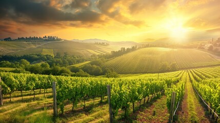 Naklejka premium Scenic vineyard with rows of grapevines stretching towards the horizon, basking in the golden sunlight. Beauty of agriculture and the meticulous care involved in winemaking
