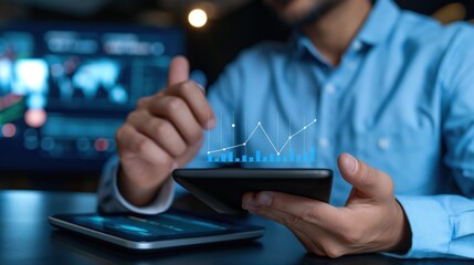A person engaged in financial analysis using a tablet, surrounded by screens displaying data visualizations in a contemporary office setting at night