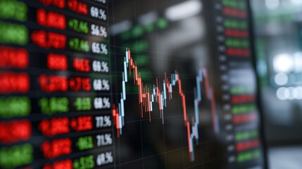 Traders analyze a dynamic stock market chart featuring green and red candlestick patterns representing active price changes in real-time. The environment reflects a bustling financial hub