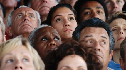 Fototapeta premium A varied group of men and women of different ages and backgrounds looks up, their expressions reflecting intrigue and wonder as they observe something above them in the daylight