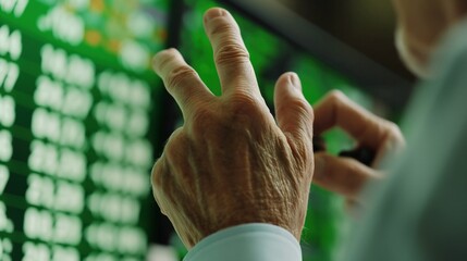 A focused trader uses hand gestures to discuss stock prices displayed on a digital screen filled with green indicators while in a busy office environment