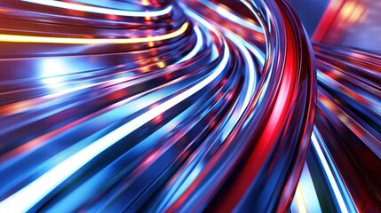 The artwork features swirling strands of vivid blue and red light, intertwining seamlessly in a captivating display of movement and energy, evoking a sense of depth and modernity