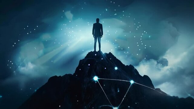 A silhouetted figure stands triumphantly atop a mountain, surrounded by digital connections and light.
