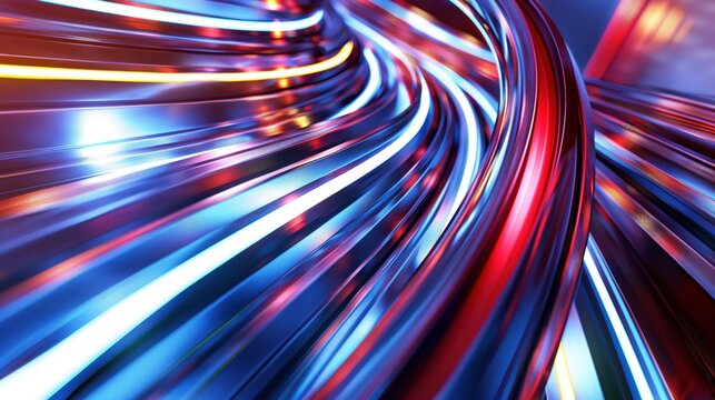 The artwork features swirling strands of vivid blue and red light, intertwining seamlessly in a captivating display of movement and energy, evoking a sense of depth and modernity