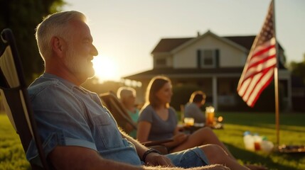 Labor Day picnic with families and friends enjoying barbecue, playing games, and relaxing outdoors, sense of community and end-of-summer celebration, American flags in the background