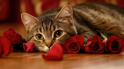 A serene cat rests comfortably on the floor, nestled beside a vibrant bouquet of red roses, creating a warm and loving atmosphere for Valentine's Day