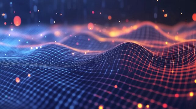 A 3D scatter plot with floating data points and a grid background, highlighting key business data and correlations with a high-tech look.