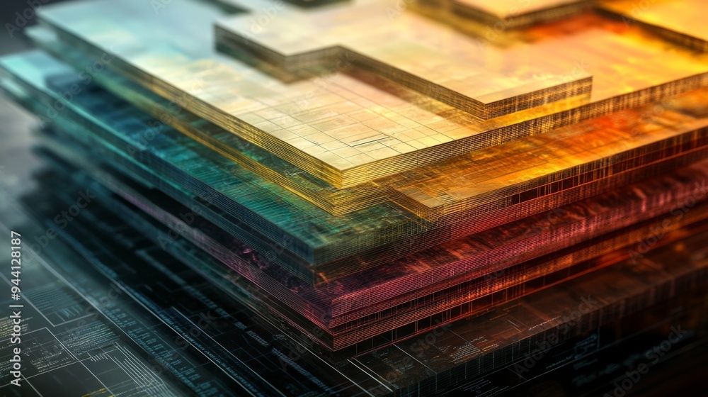Aufkleber A 3D stacked area chart with multiple layers, each layer in different shades, showing detailed business data and trends in a visually striking manner.