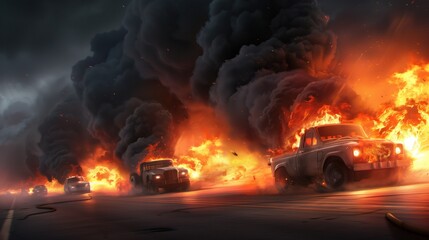 Flames engulf multiple vehicles on a dark highway, thick smoke billowing into the night sky as chaos unfolds in the background