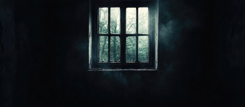 Abstract horror background for halloween. Gloomy scary scary window with ghostly light and shadows in a dark black room in the attic, corridor or basement in an abandoned house in the forest