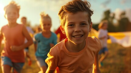 Migrant youth participating in a sports activity, expressions of energy and teamwork, sense of integration and community engagement, outdoor setting with a field and equipment