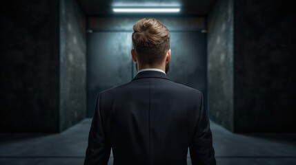 A man dressed in a black suit stands alone in a dark corridor, gazing forward toward an unseen end, creating an atmosphere of intrigue and suspense