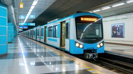 Fototapeta premium A bright blue subway train is halted at a contemporary underground station with sleek tile flooring. The space is well-lit, ideal for commuters navigating their busy day